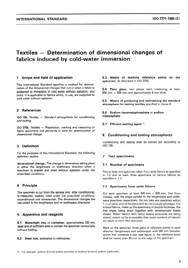 ISO 7771:1985 - Textiles -- Determination of dimensional changes of fabrics induced by cold-water immersion