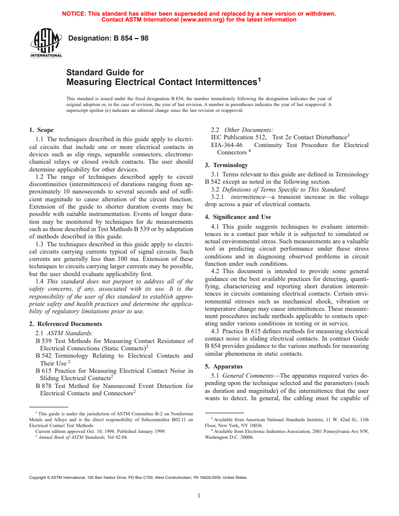 ASTM B854-98 - Standard Guide for Measuring Electrical Contact Intermittences