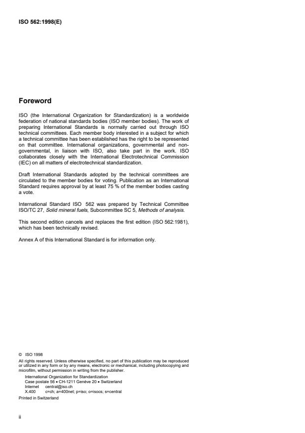 ISO 562:1998 ISO 562:1998 - Hard coal and coke -- Determination of volatile matter - Page 2 preview