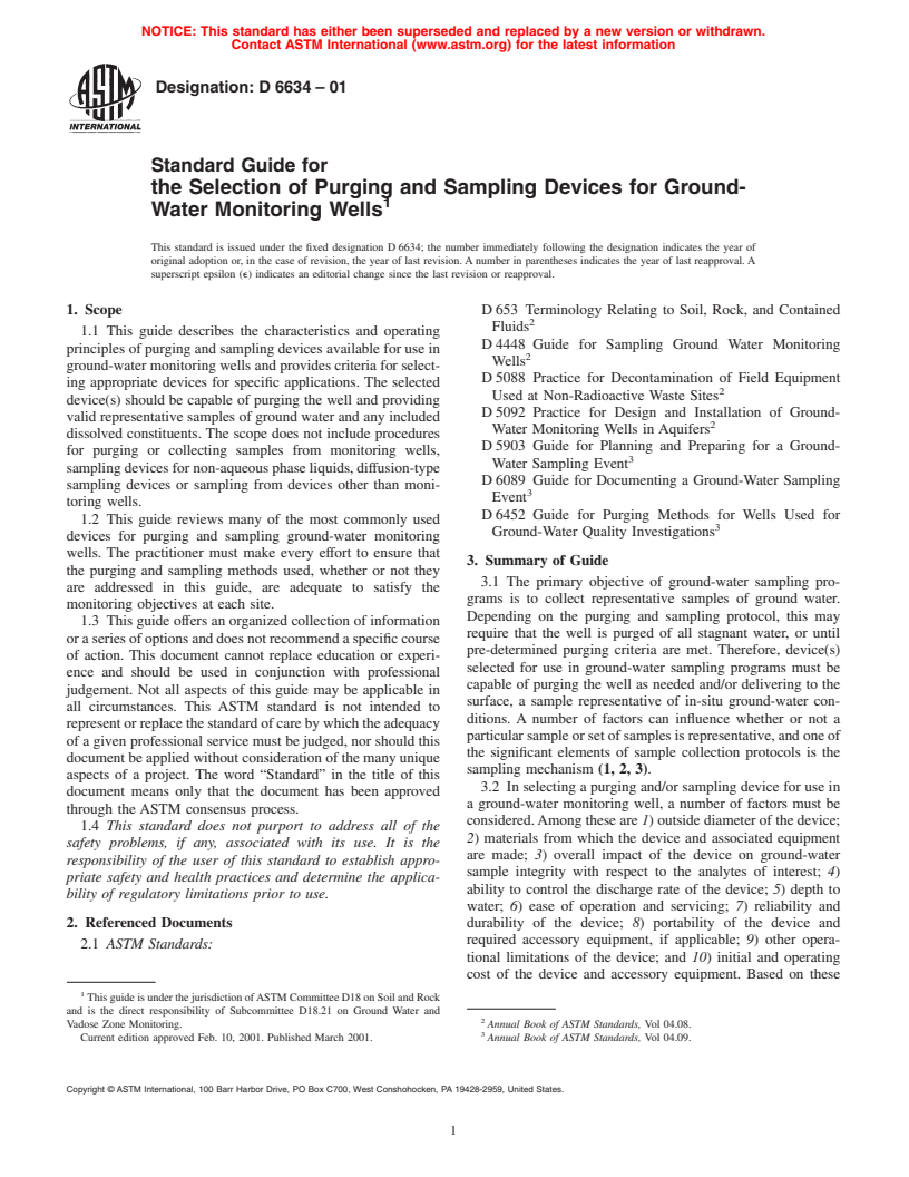 ASTM D6634-01 - Standard Guide for the Selection of Purging and Sampling Devices for Ground-Water Monitoring Wells