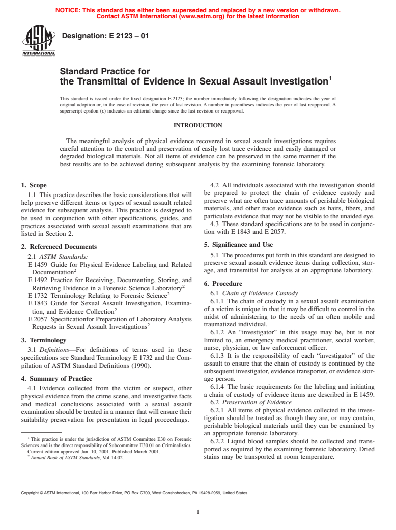 ASTM E2123-01 - Standard Practice for the Transmittal of Evidence in Sexual Assault Investigation