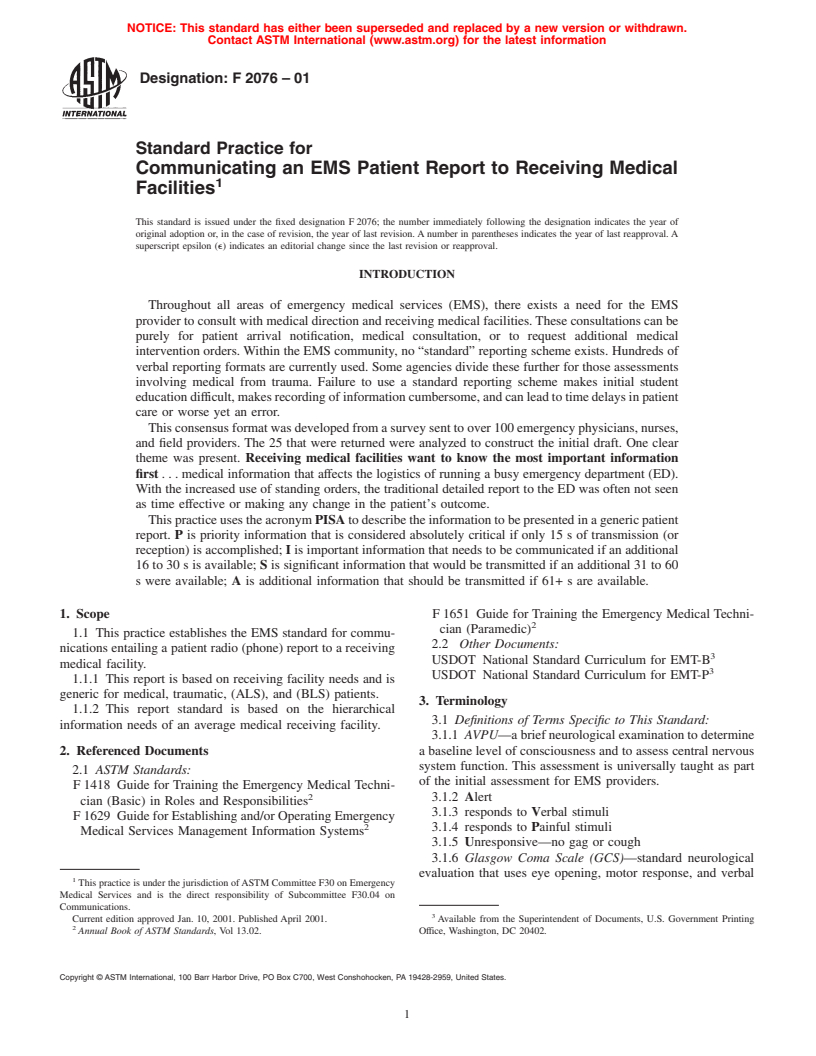 ASTM F2076-01 - Standard Practice for Communicating an EMS Patient Report to Receiving Medical Facilities