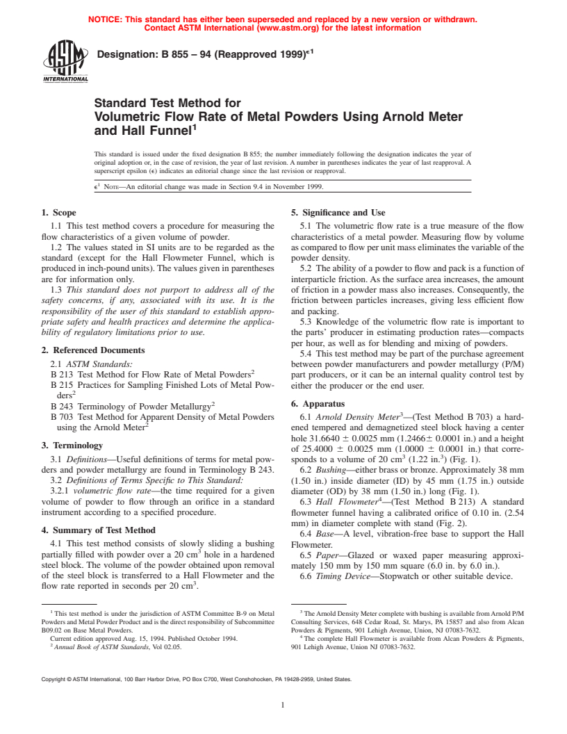 ASTM B855-94(1999)e1 - Standard Test Method for Volumetric Flow Rate of Metal Powders Using Arnold Meter and Hall Funnel