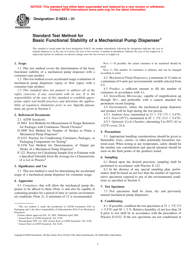 ASTM D6633-01 - Standard Test Method for Basic Functional Stability of a Mechanical Pump Dispenser