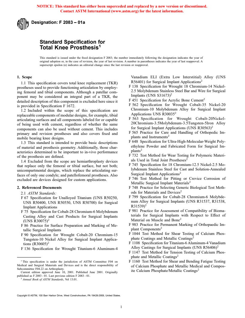 ASTM F2083-01a - Standard Specification for Total Knee Prosthesis