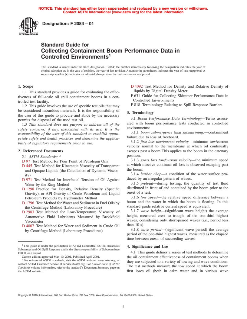 ASTM F2084-01 - Standard Guide for Collecting Containment Boom Performance Data in Controlled Environments