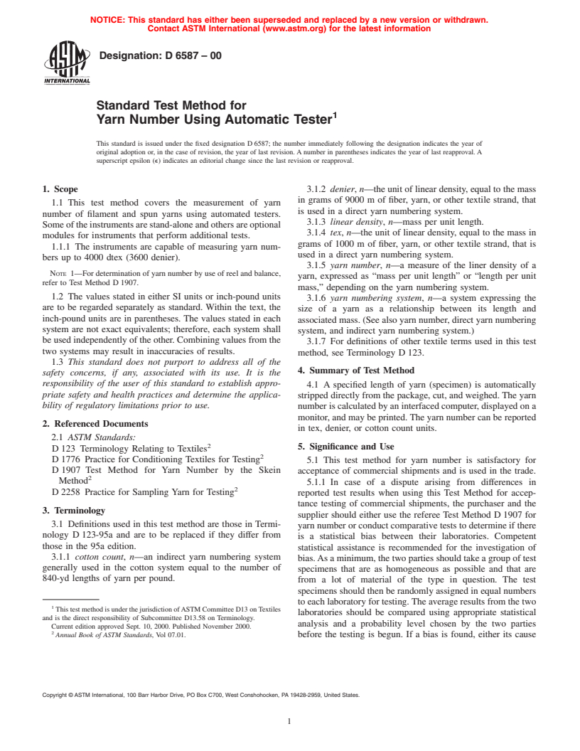 ASTM D6587-00 - Standard Test Method for Yarn Number Using Automatic Tester