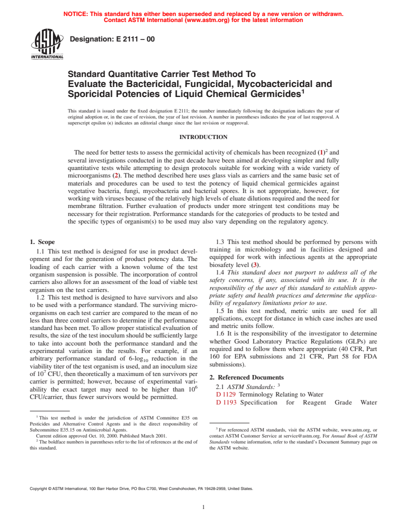 ASTM E2111-00 - Standard Quantitative Carrier Test Method To Evaluate the Bactericidal, Fungicidal, Mycobactericidal and Sporicidal Potencies of Liquid Chemical Germicides