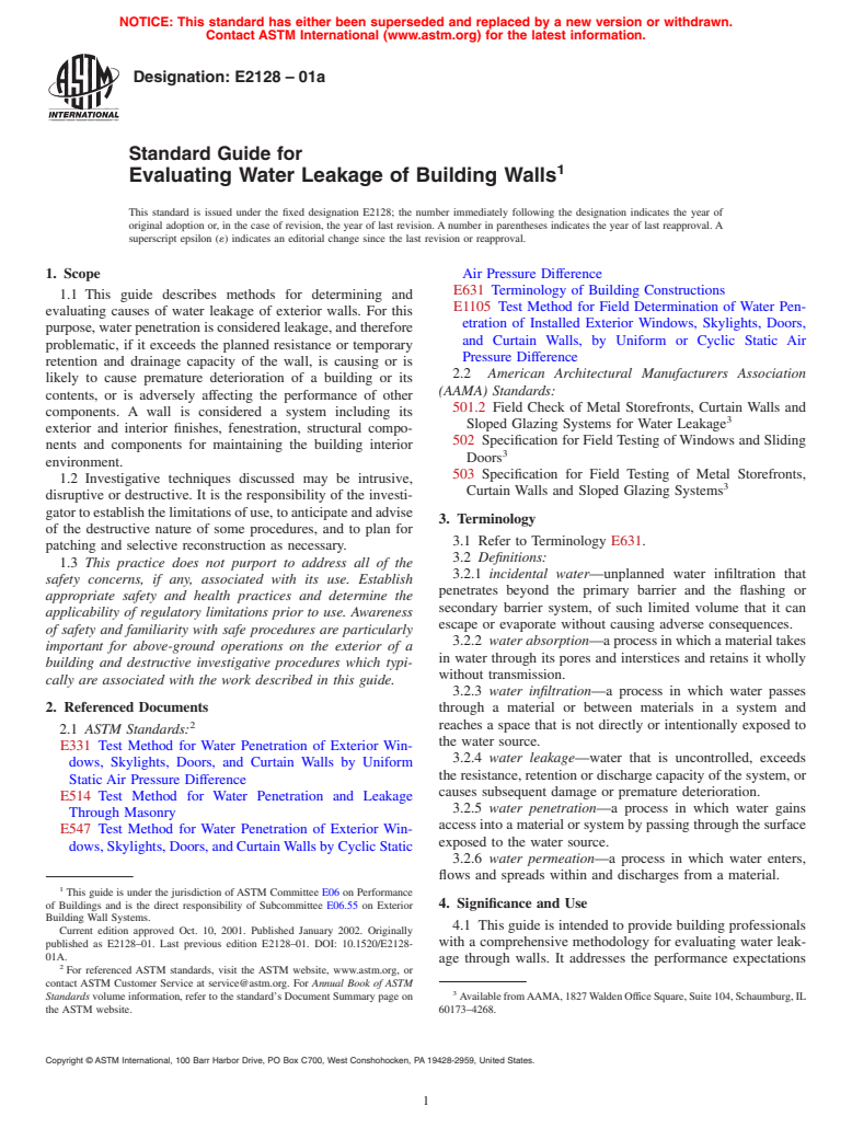 ASTM E2128-01a - Standard Guide for Evaluating Water Leakage of Building Walls