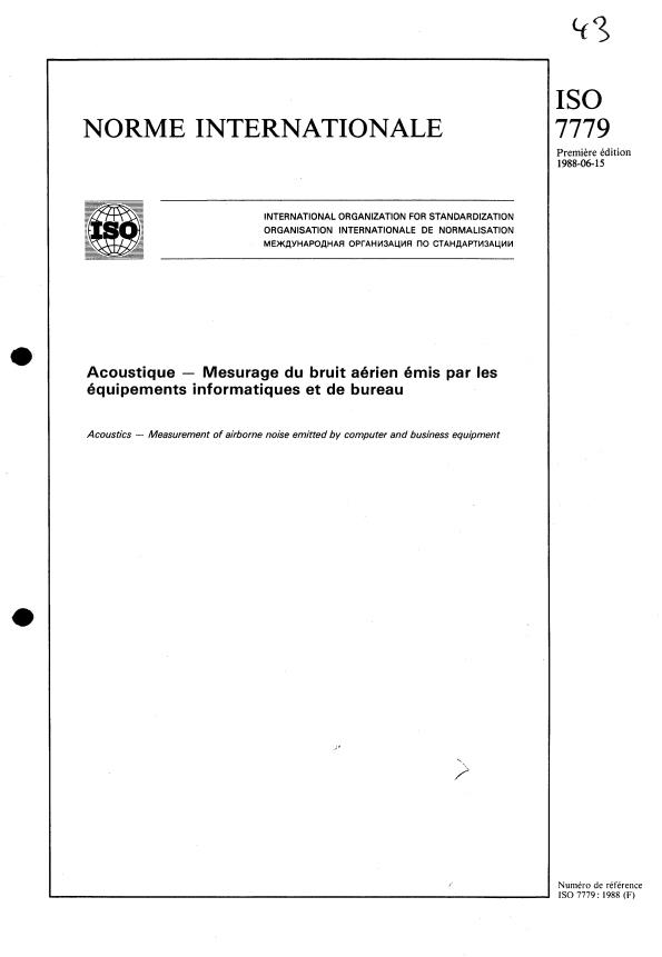 ISO 7779:1988 - Acoustique -- Mesurage du bruit aérien émis par les équipements informatiques et de bureau