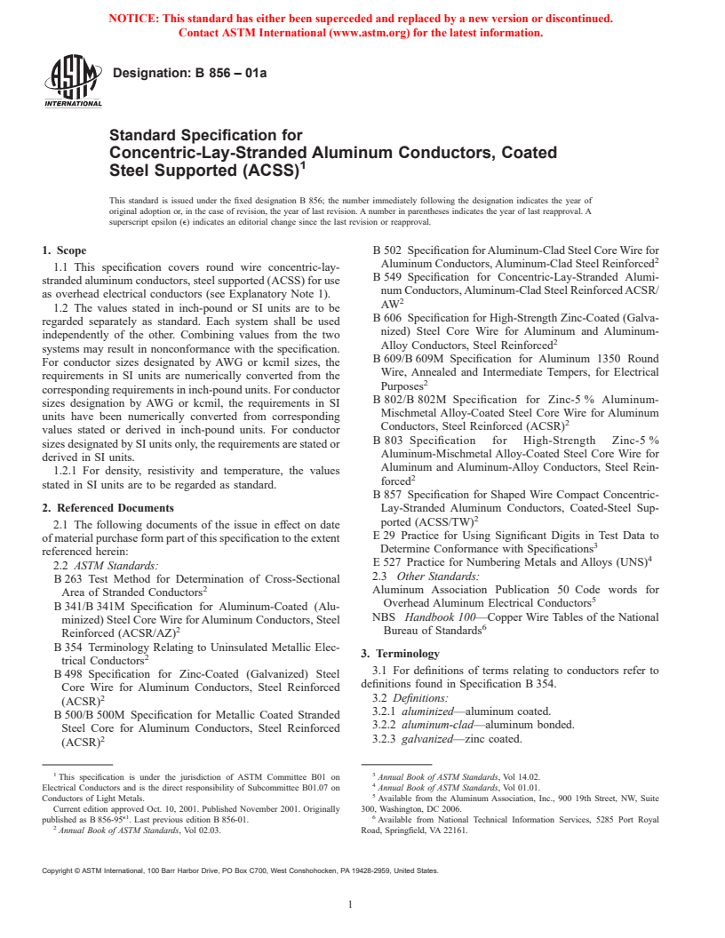 ASTM B856-01a - Standard Specification for Concentric-Lay-Stranded Aluminum Conductors, Coated Steel Supported (ACSS)