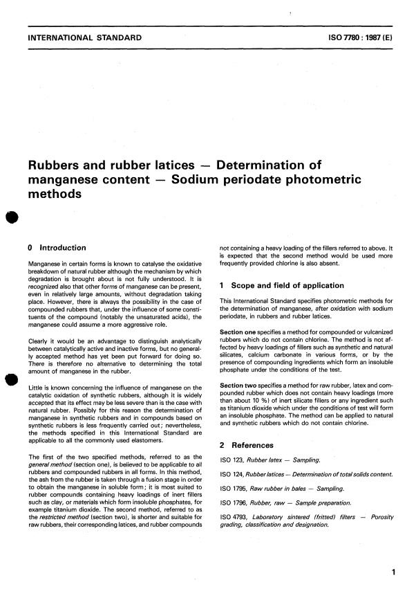 ISO 7780:1987 - Rubbers and rubber latices -- Determination of manganese content -- Sodium periodate photometric methods