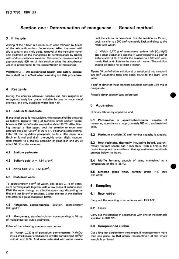 ISO 7780:1987 ISO 7780:1987 - Rubbers and rubber latices -- Determination of manganese content -- Sodium periodate photometric methods - Page 4 preview