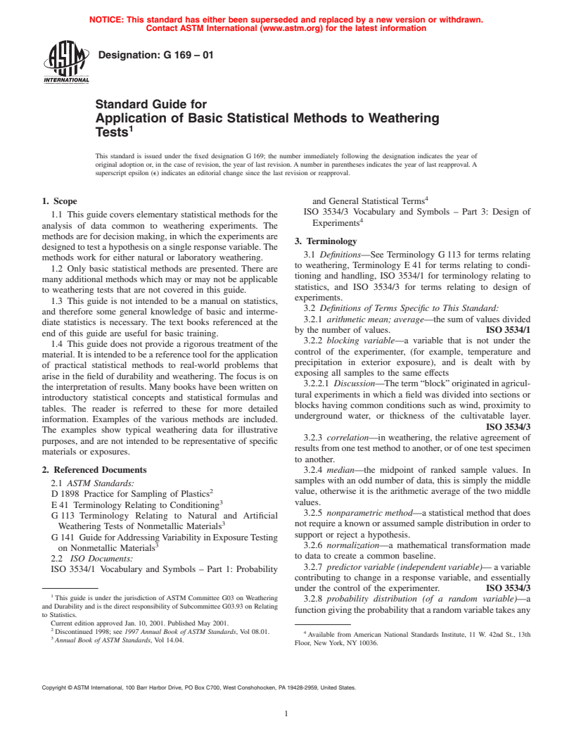 ASTM G169-01 - Standard Guide for Application of Basic Statistical Methods to Weathering Tests