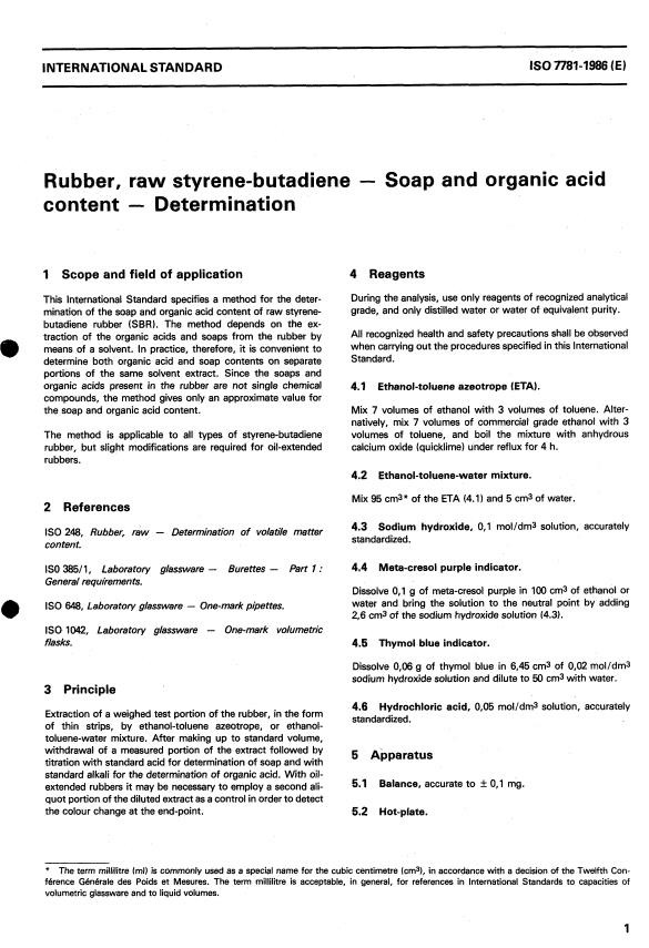 ISO 7781:1986 - Rubber, raw styrene-butadiene -- Soap and organic acid content -- Determination