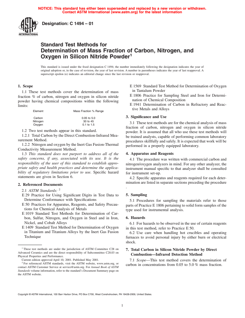 ASTM C1494-01 - Standard Test Methods for Determination of Mass Fraction of Carbon, Nitrogen, and Oxygen in Silicon Nitride Powder