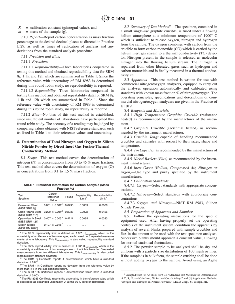 ASTM C1494-01 - Standard Test Methods for Determination of Mass Fraction of Carbon, Nitrogen, and Oxygen in Silicon Nitride Powder