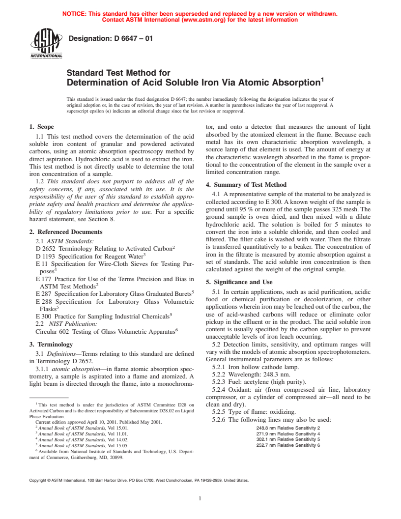 ASTM D6647-01 - Standard Test Method for Determination of Acid Soluble Iron Via Atomic Absorption