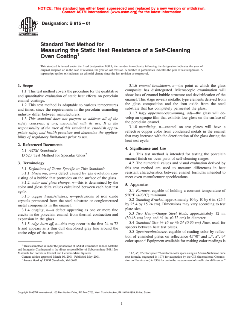 ASTM B915-01 - Standard Test Method for Measuring the Static Heat Resistance of a Self-Cleaning Oven Coating