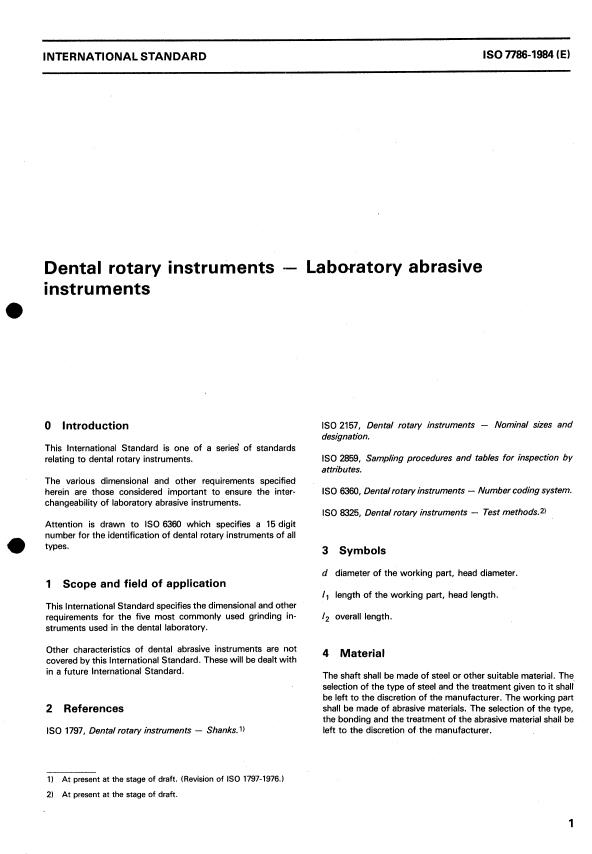 ISO 7786:1984 - Dental rotary instruments -- Laboratory abrasive instruments