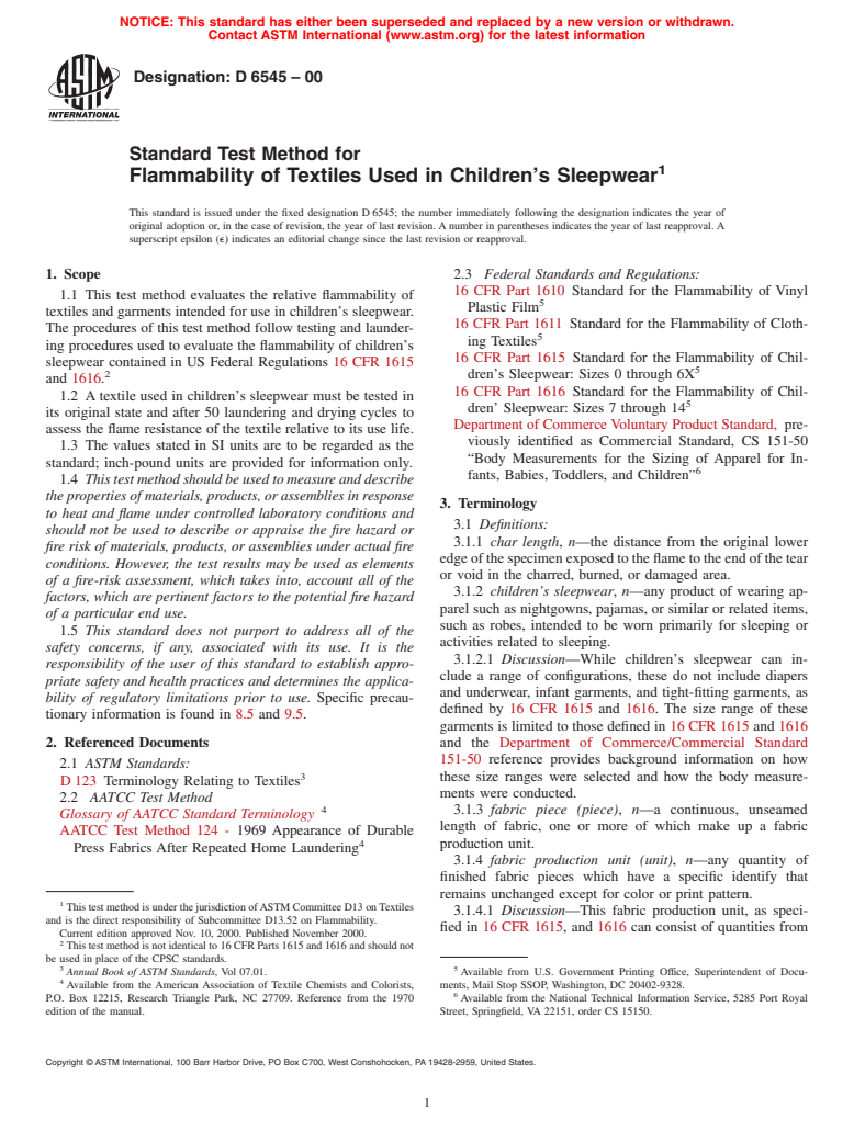 ASTM D6545-00 - Standard Test Method for Flammability of Textiles Used in Children's Sleepwear (Withdrawn 2009)