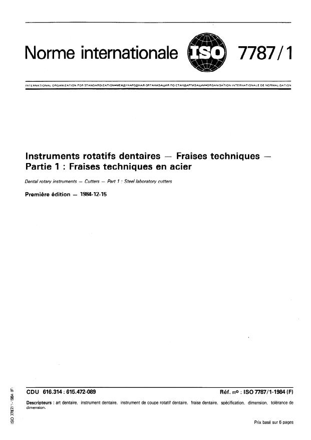 ISO 7787-1:1984 - Instruments rotatifs dentaires -- Fraises techniques