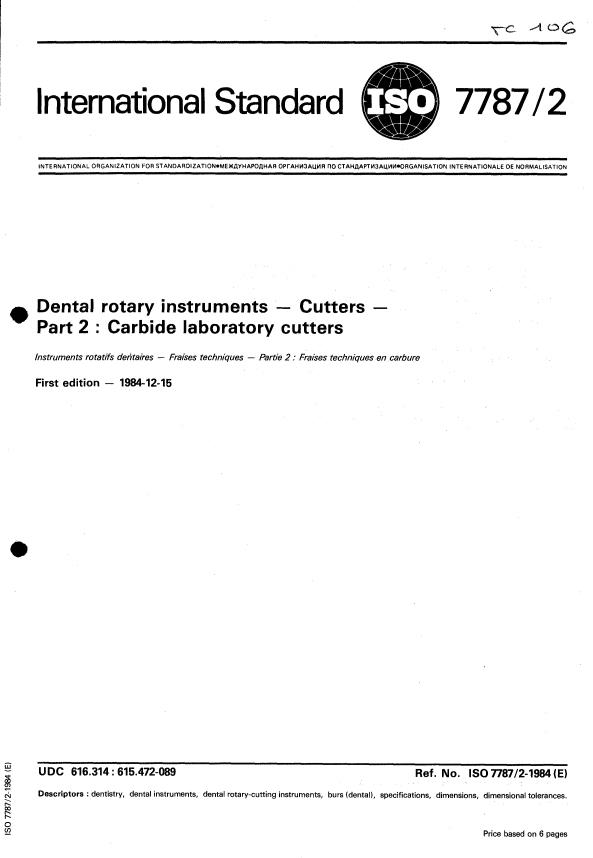 ISO 7787-2:1984 - Dental rotary instruments -- Cutters
