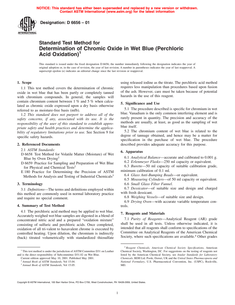 ASTM D6656-01 - Standard Test Method for Determination of Chromic Oxide in Wet Blue (Perchloric Acid Oxidation)