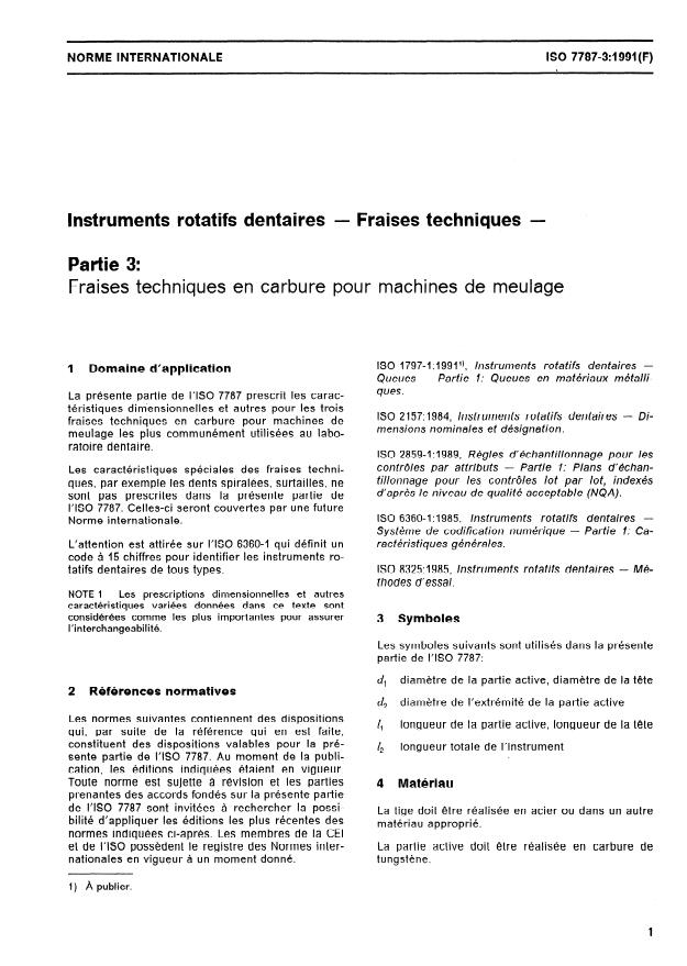 ISO 7787-3:1991 - Instruments rotatifs dentaires -- Fraises techniques
