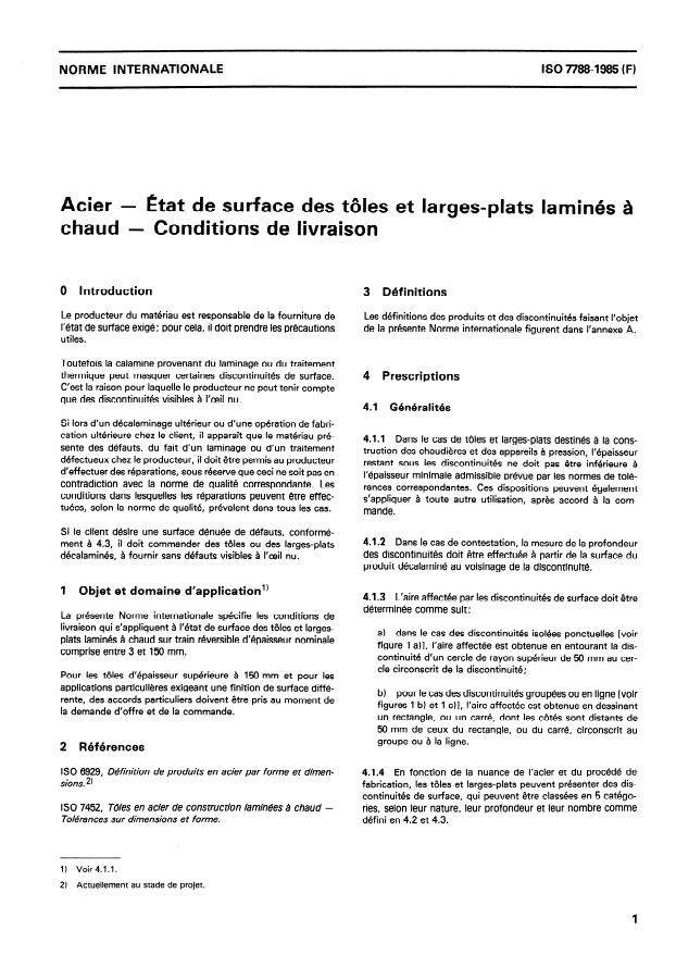 ISO 7788:1985 - Acier -- État de surface des tôles et larges-plats laminés a chaud -- Conditions de livraison
