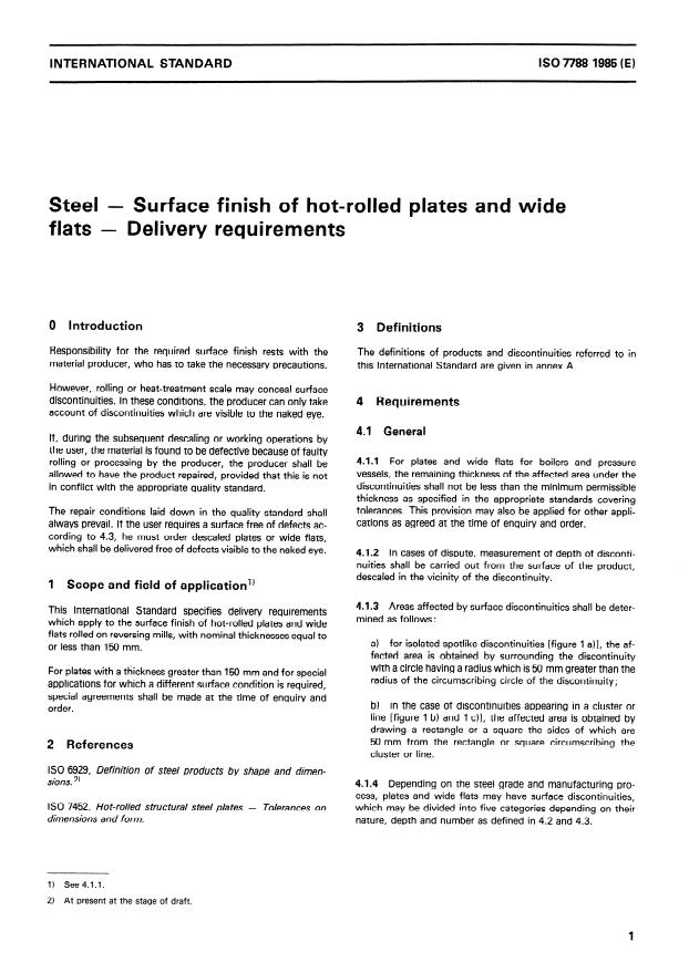 ISO 7788:1985 - Steel -- Surface finish of hot-rolled plates and wide flats -- Delivery requirements