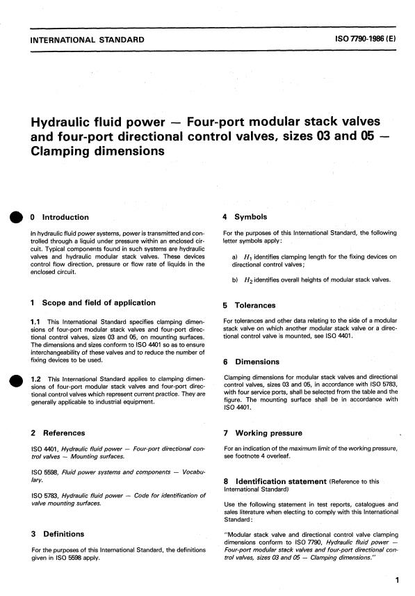 ISO 7790:1986 - Hydraulic fluid power -- Four-port modular stack valves and four-port directional control valves, sizes 03 and 05 -- Clamping dimensions