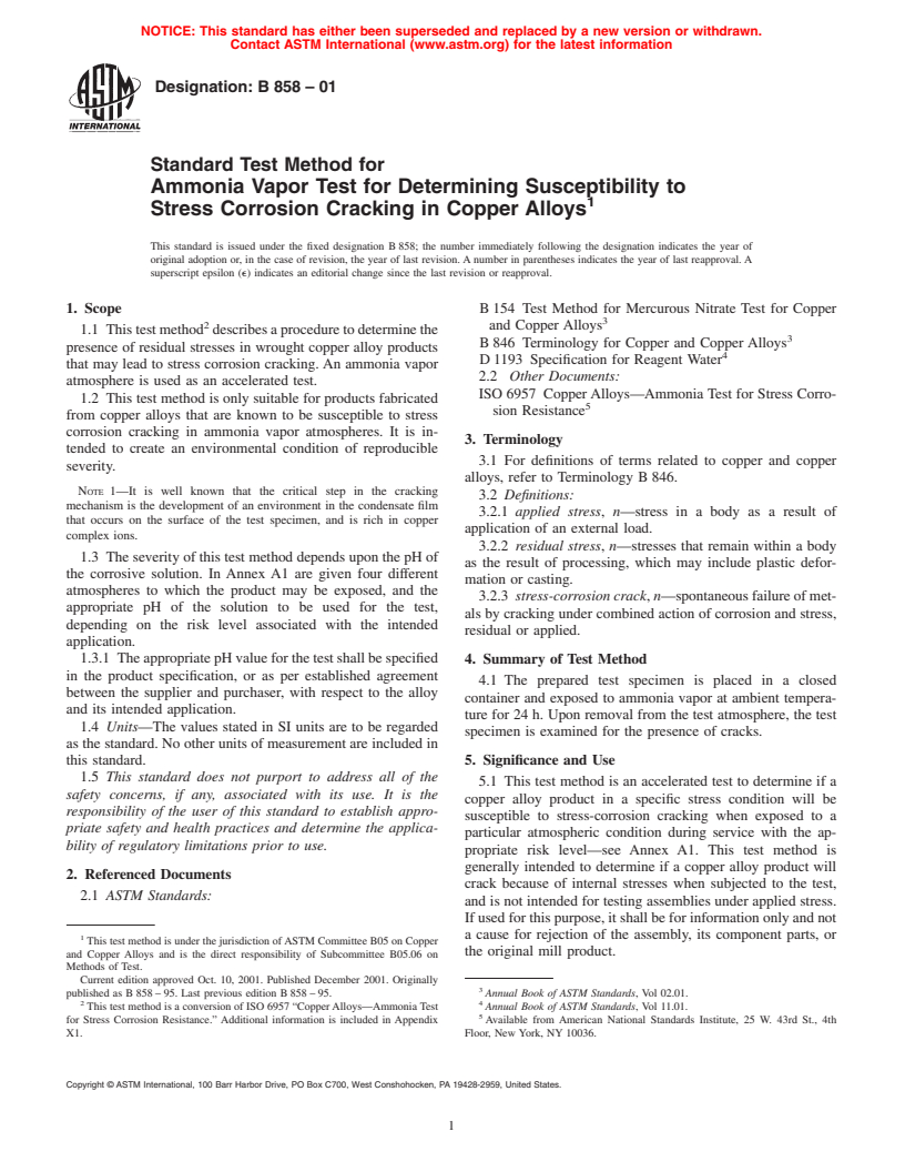 ASTM B858-01 - Standard Test Method for Ammonia Vapor Test for Determination Susceptibility to Stress Corrosion Cracking in Copper Alloys