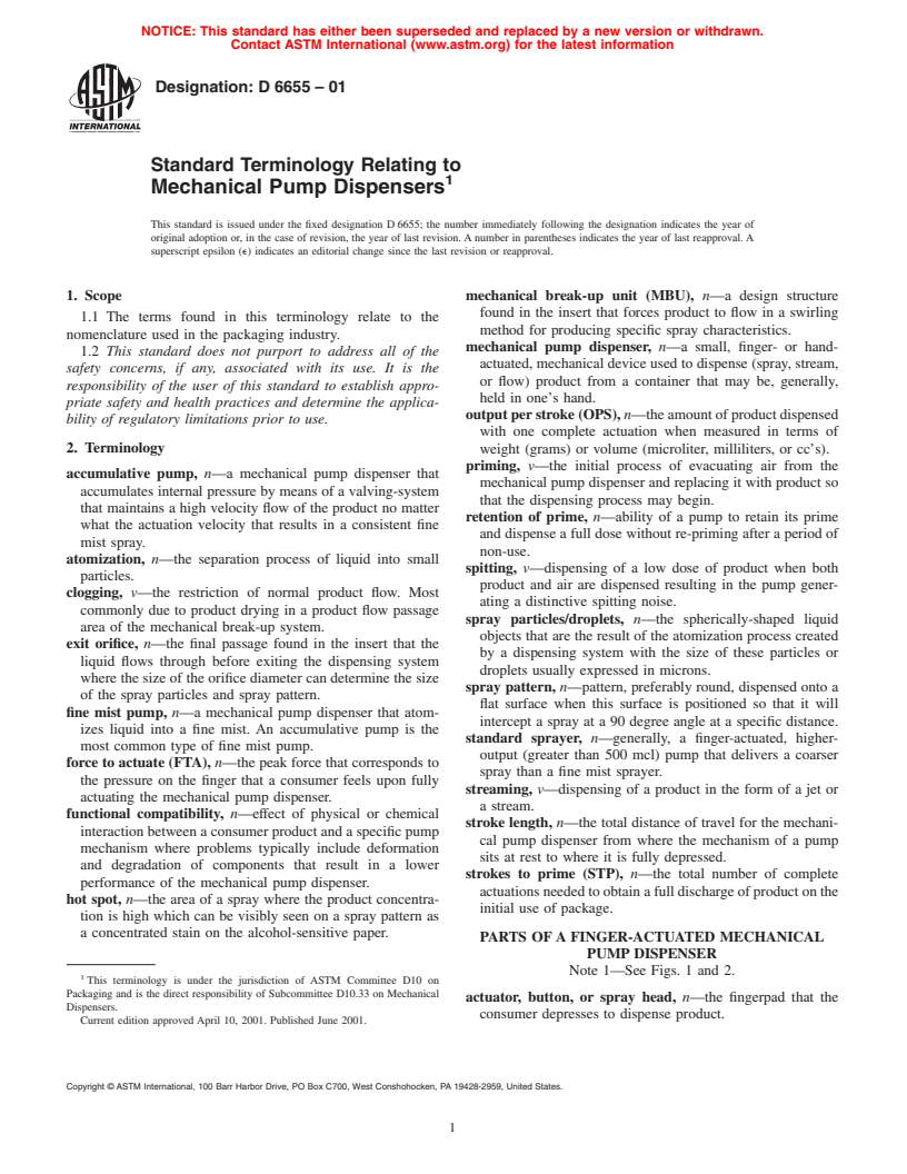 ASTM D6655-01 - Standard Terminology Relating to Mechanical Pump Dispensers