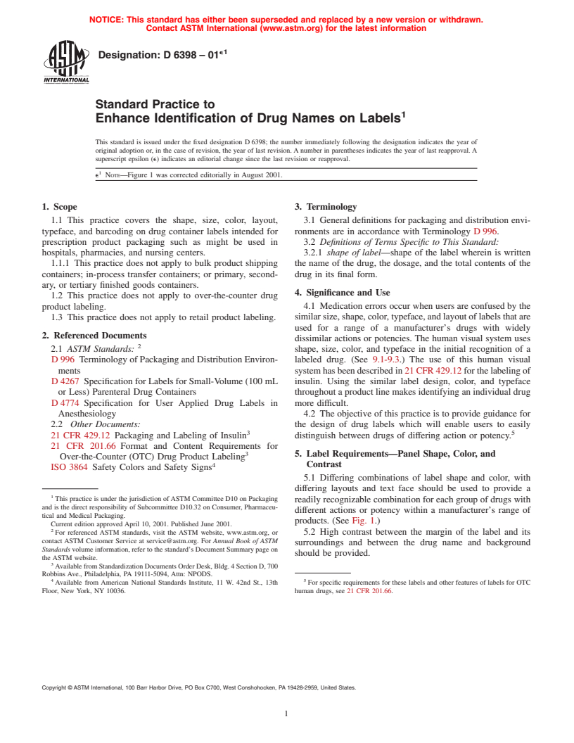 ASTM D6398-01e1 - Standard Practice to Enhance Identification of Drug Names on Labels