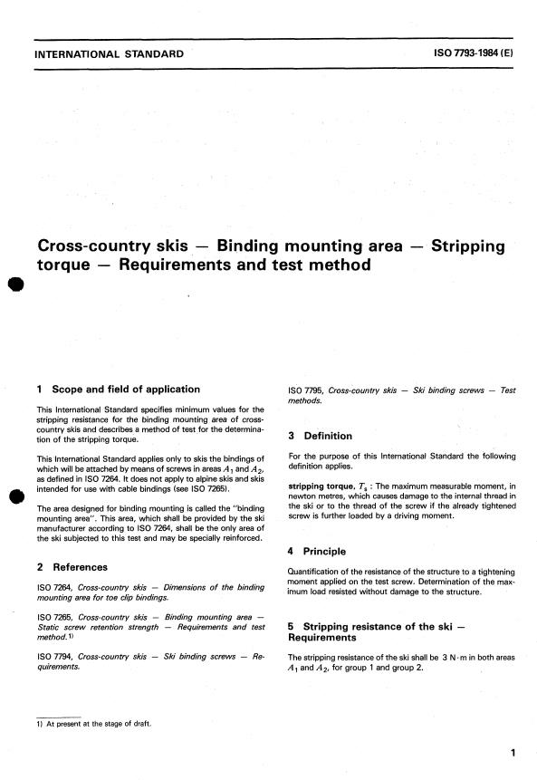 ISO 7793:1984 - Cross-country skis -- Binding mounting area -- Stripping torque -- Requirements and test method