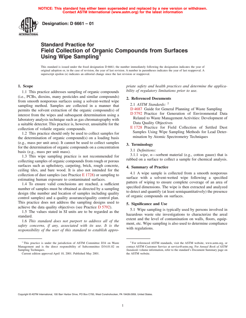 ASTM D6661-01 - Standard Practice for Field Collection of Organic Compounds from Surfaces Using Wipe Sampling