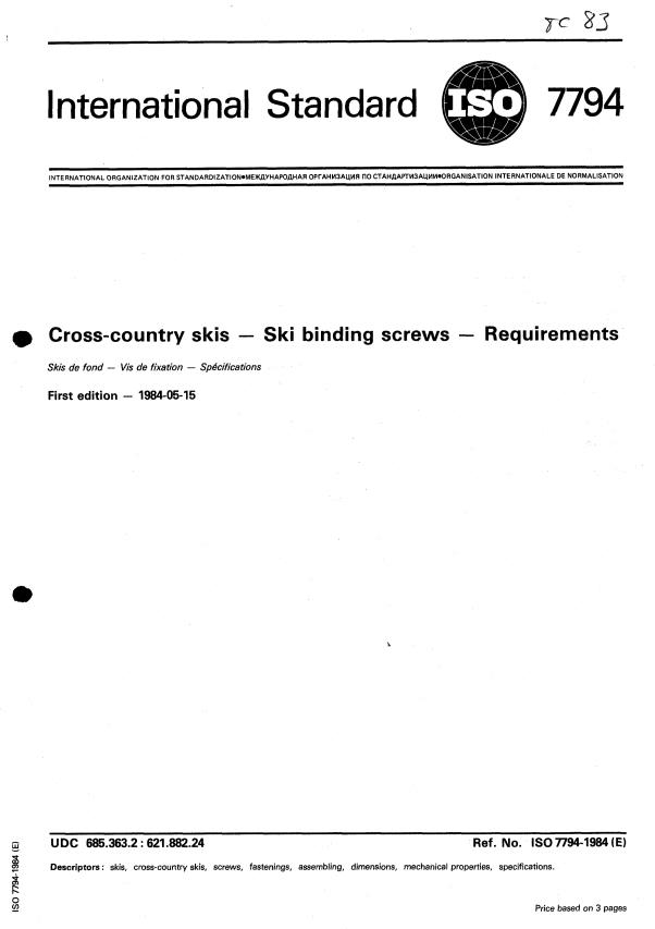 ISO 7794:1984 - Cross-country skis -- Ski binding screws -- Requirements