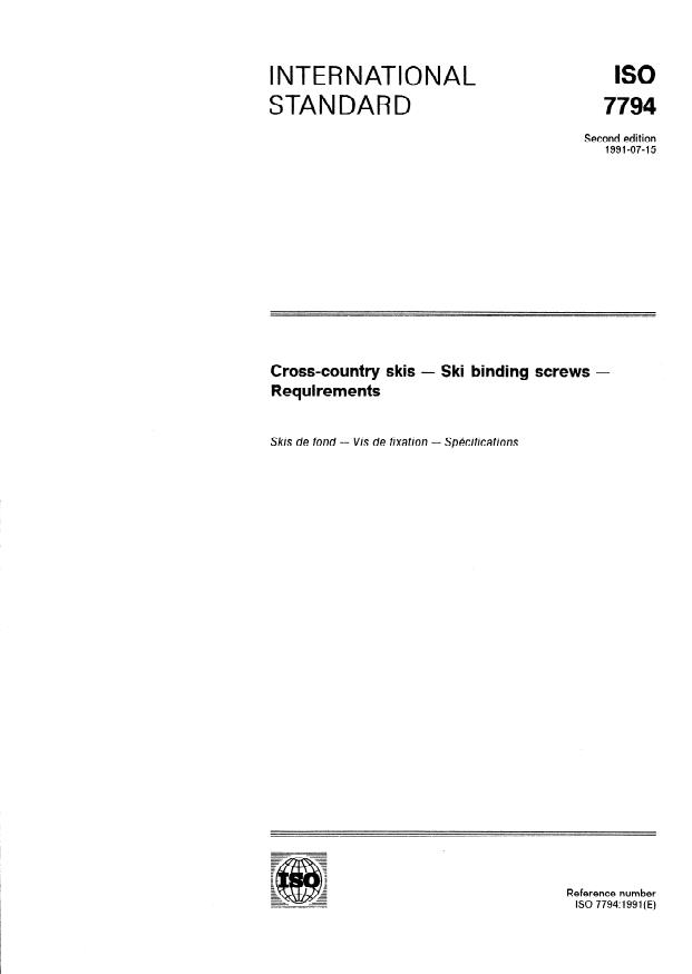ISO 7794:1991 - Cross-country skis -- Ski binding screws -- Requirements