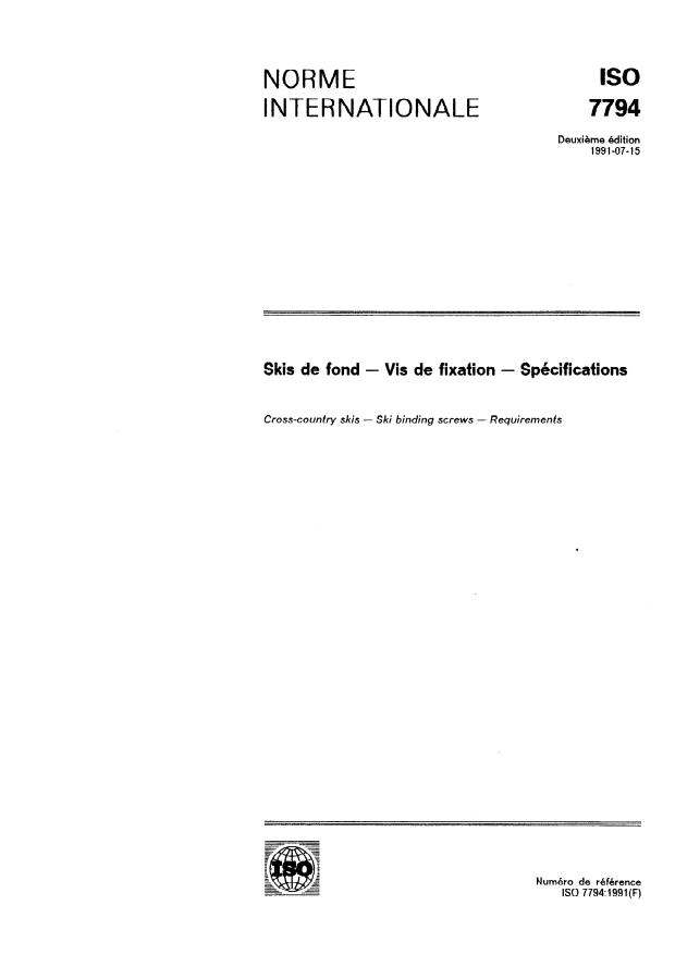 ISO 7794:1991 - Skis de fond -- Vis de fixation -- Spécifications