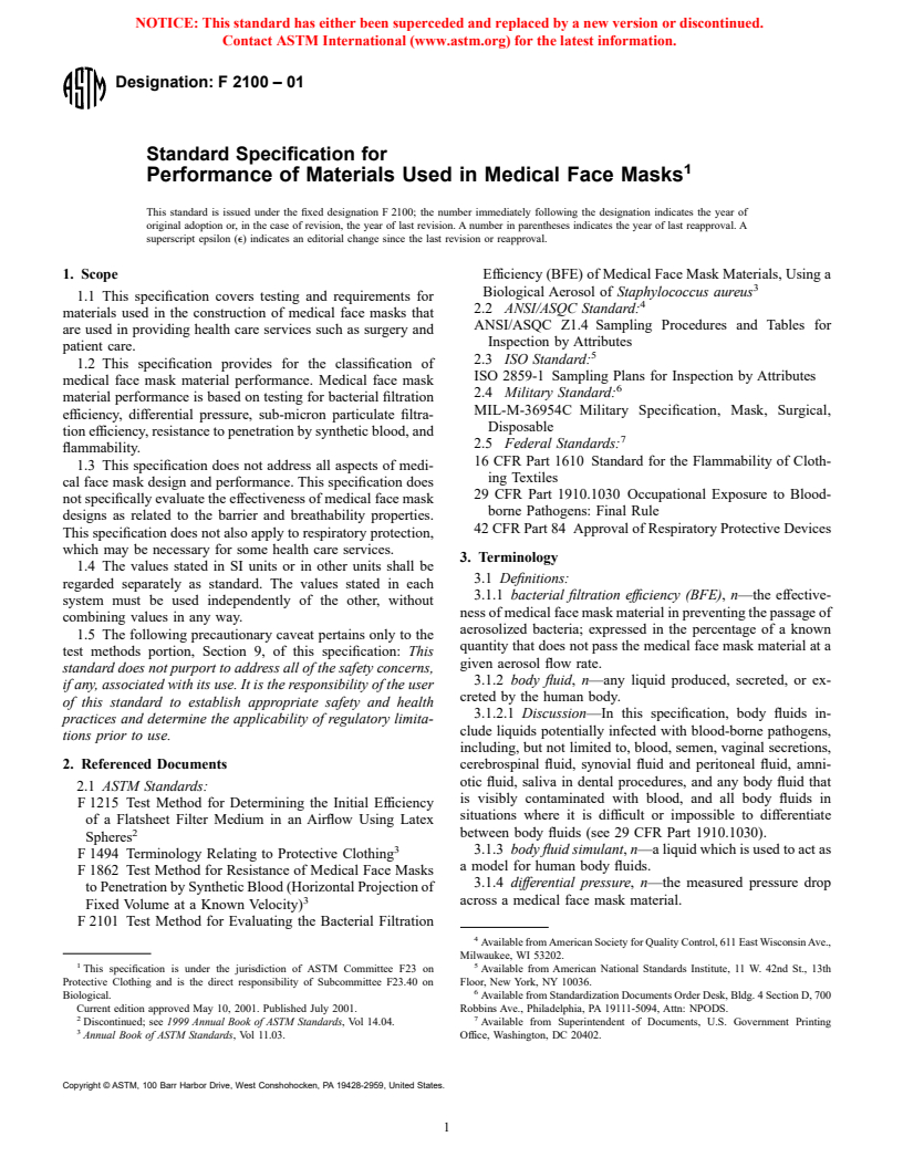 ASTM F2100-01 - Standard Specification for Performance of Materials Used in Medical Face Masks