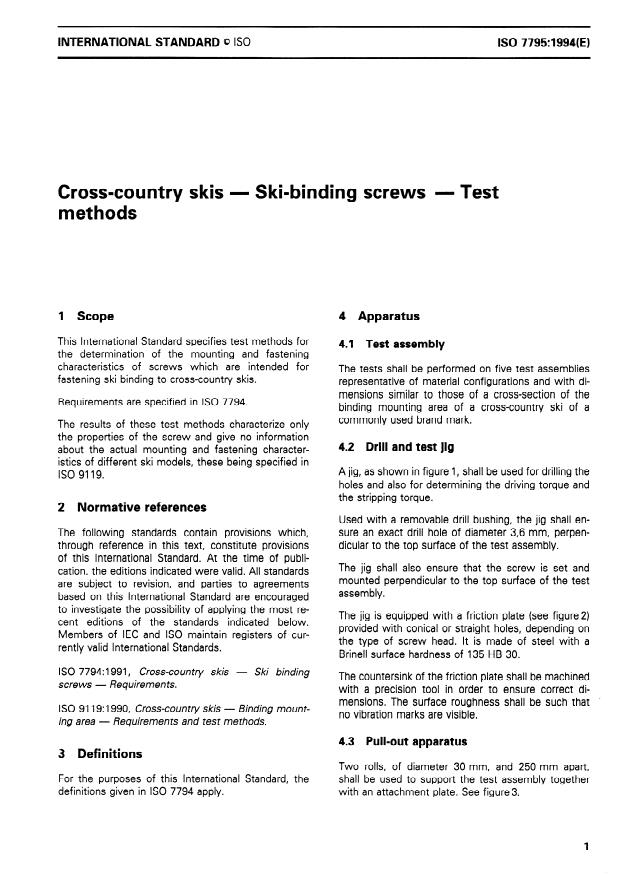 ISO 7795:1994 - Cross-country skis -- Ski-binding screws -- Test methods