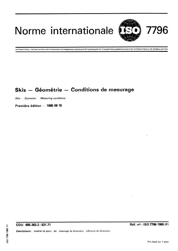 ISO 7796:1985 - Skis -- Géométrie -- Conditions de mesurage
