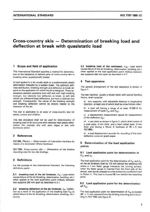 ISO 7797:1985 - Cross-country skis -- Determination of breaking load and deflection at break with quasistatic load