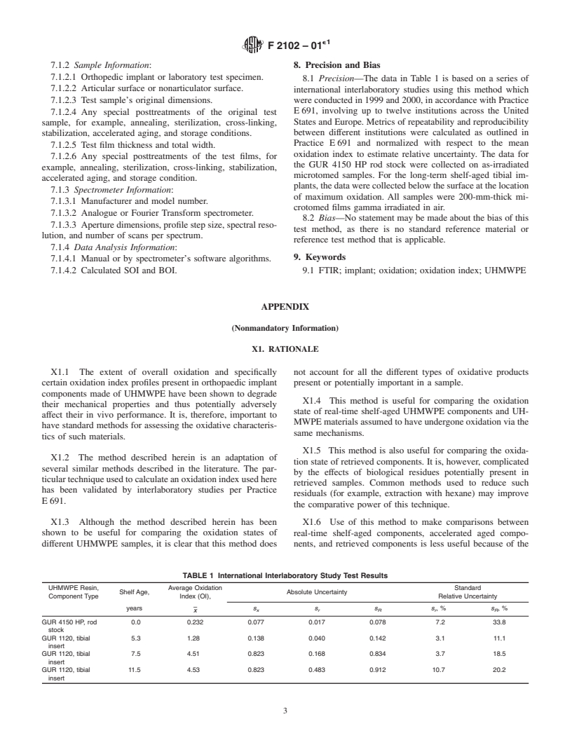 ASTM F2102-01e1 - Standard Guide for Evaluating the Extent of Oxidation in Ultra-High-Molecular-Weight Polyethylene Fabricated Forms Intended for Surgical Implants