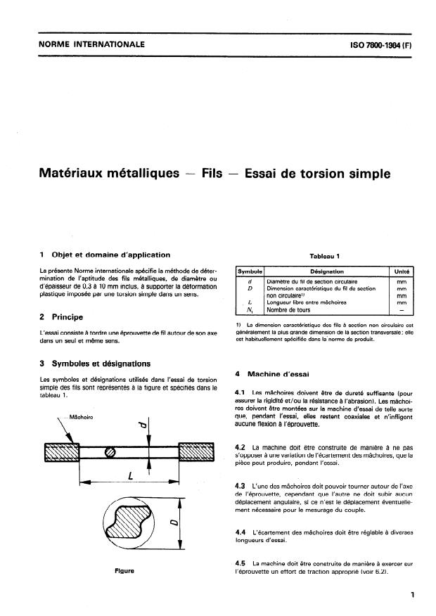 ISO 7800:1984 - Matériaux métalliques -- Fils -- Essai de torsion simple