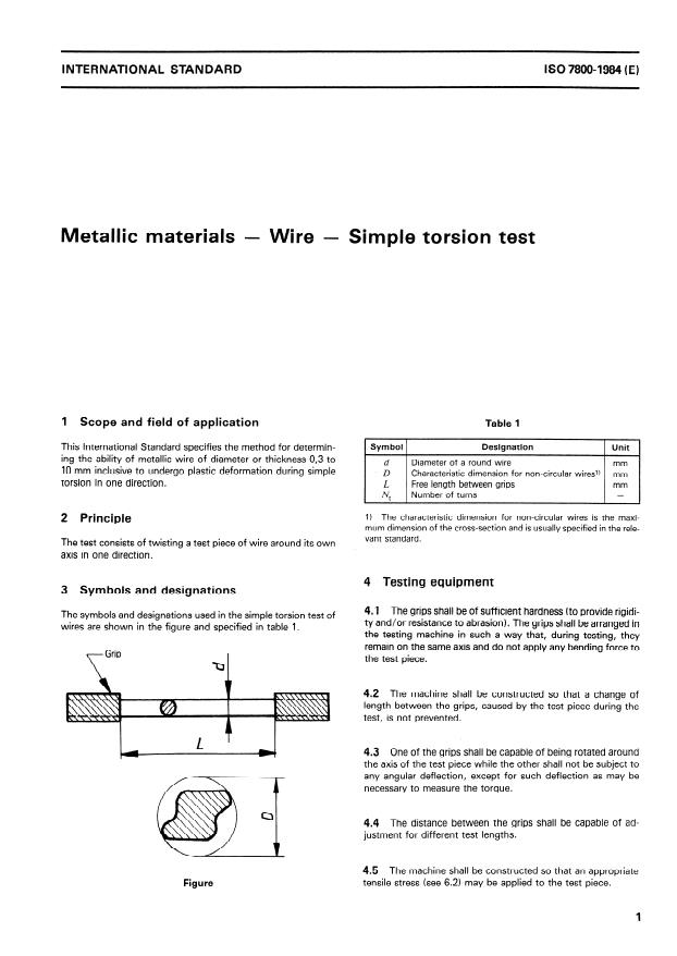 ISO 7800:1984 - Metallic materials -- Wire -- Simple torsion test