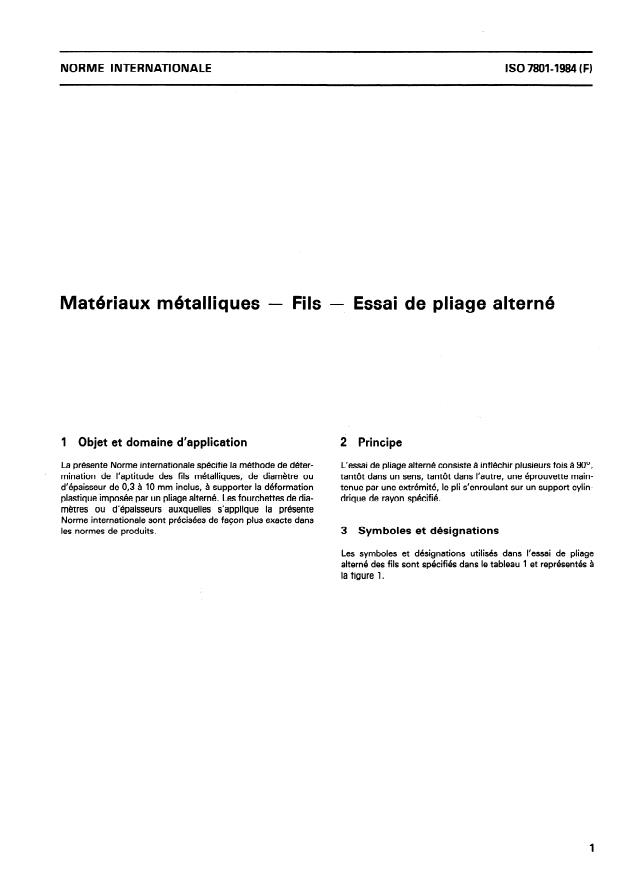 ISO 7801:1984 - Matériaux métalliques -- Fils -- Essai de pliage alterné