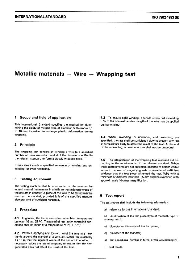 ISO 7802:1983 - Metallic materials -- Wire -- Wrapping test