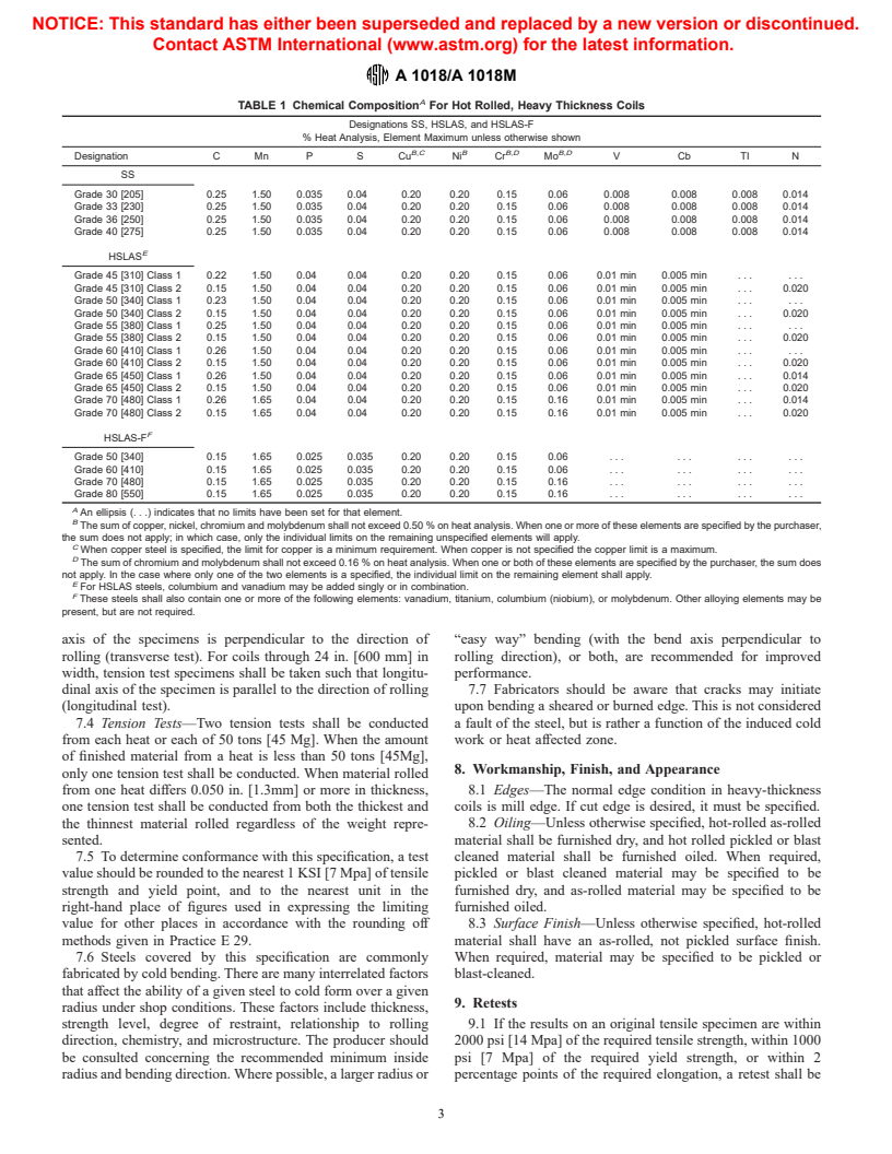 ASTM A1018/A1018M-01a - Standard Specification for Steel, Sheet and Strip, Heavy Thickness Coils, Hot Rolled, Carbon, Structural, High-Strength Low-Alloy, Columbium or Vanadium, and High-Strength Low-Alloy with Improved Formability